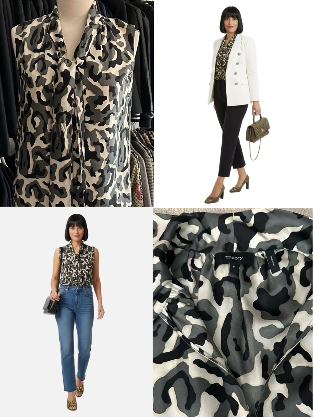 Theory Sleeveless Tie-Neck Blouse in Black, White & Gray Camo